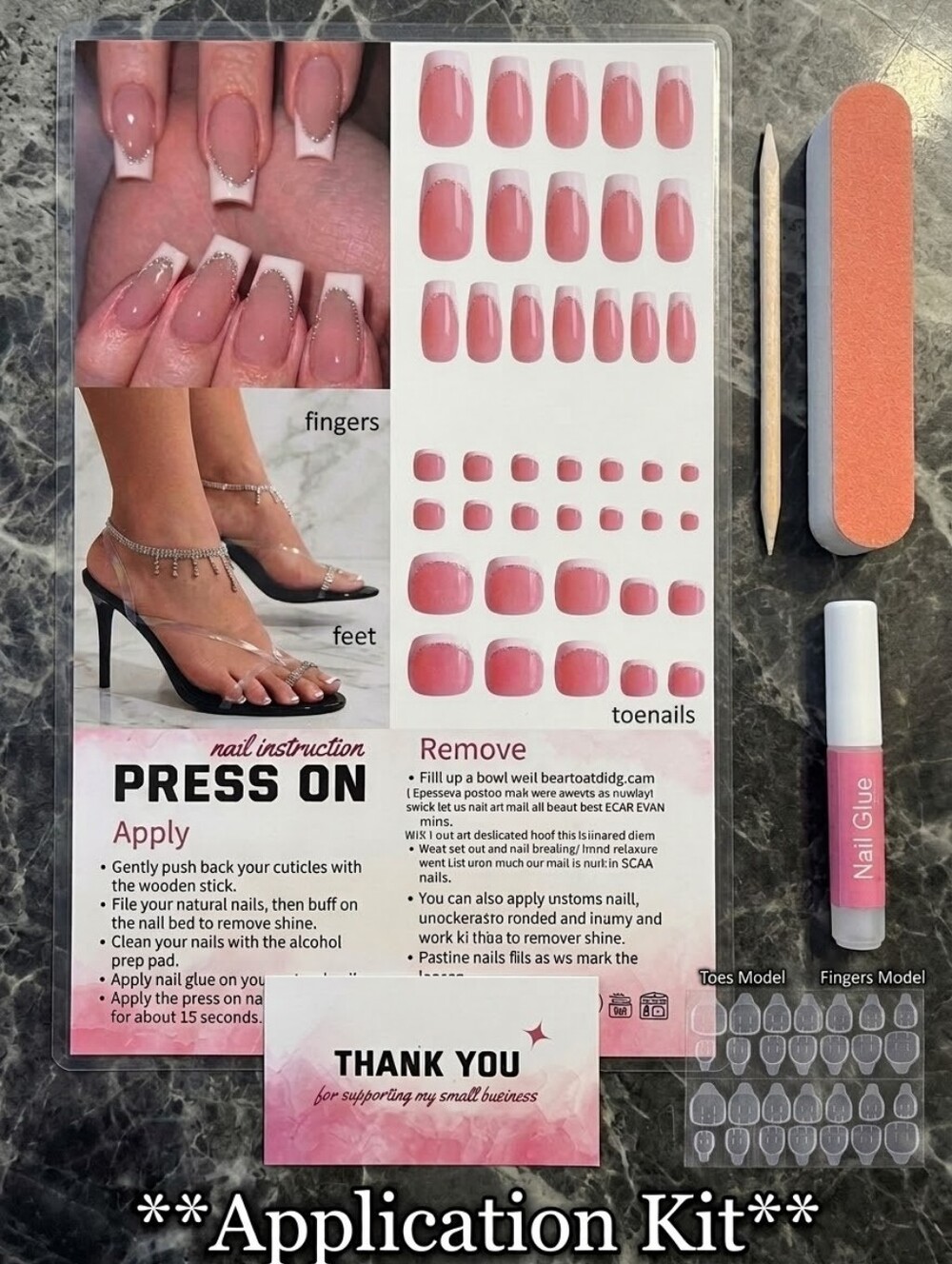 Coffin French Tip Press On Nails Mani Pedi Set + Application Kit